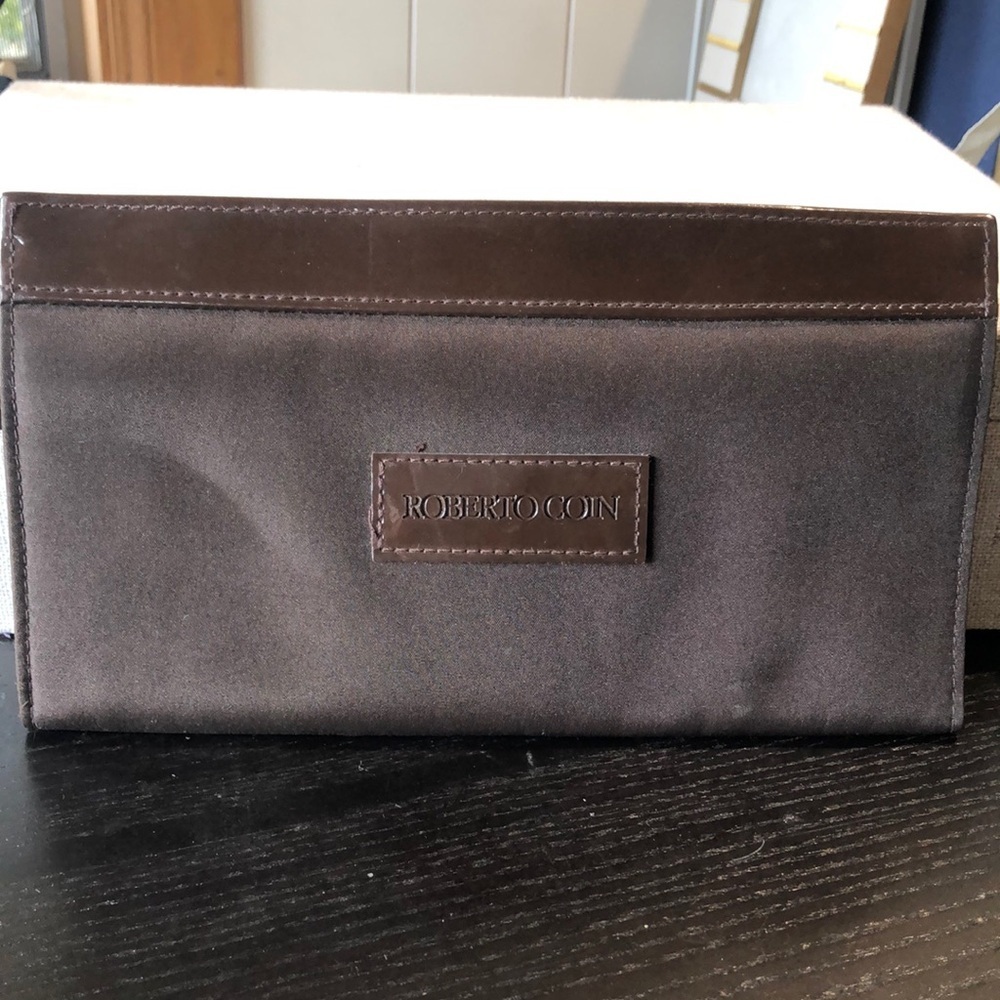 Roberto Coin jewelry travel case many zipper pockets dark brown 9x5